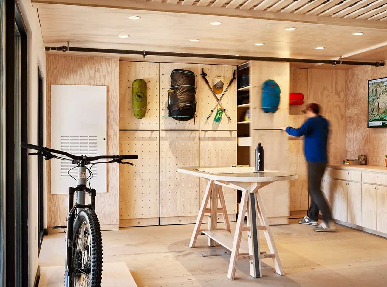 A room with outdoor recreation equipment.